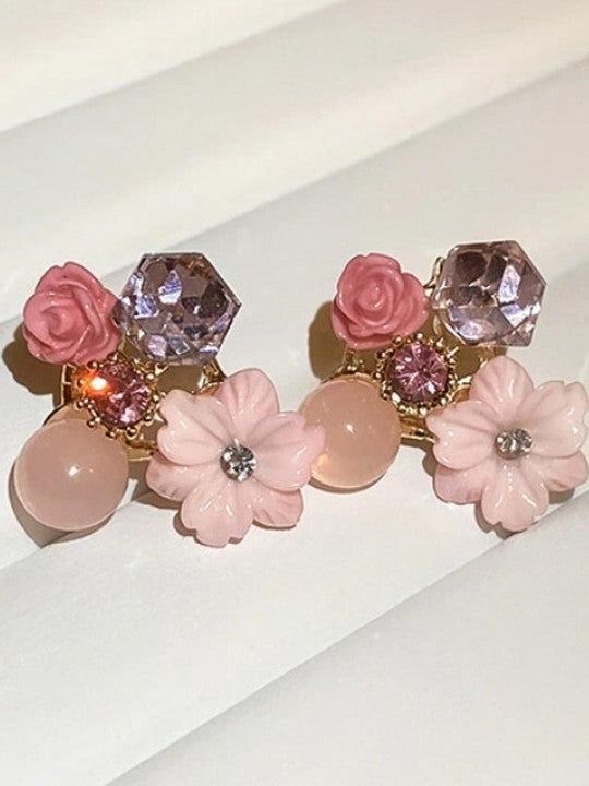 Korean Pink Flower Earrings
