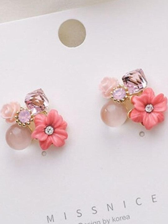 Korean Pink Flower Earrings