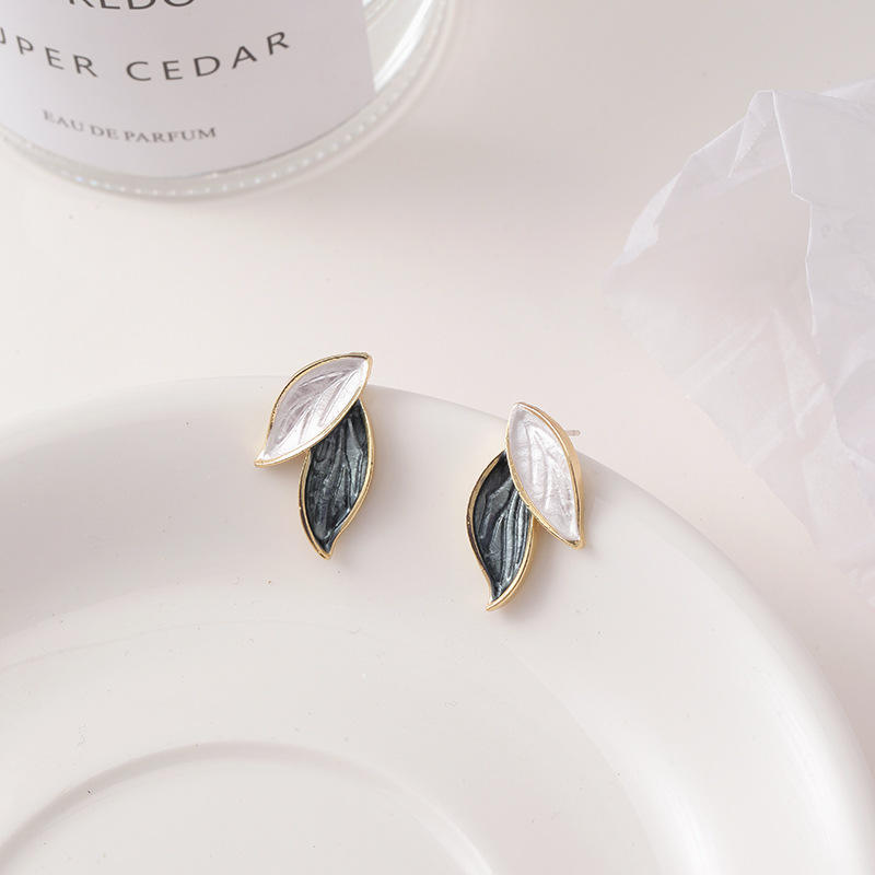 Korean Gray White Leaf Design Gold Steel Earrings