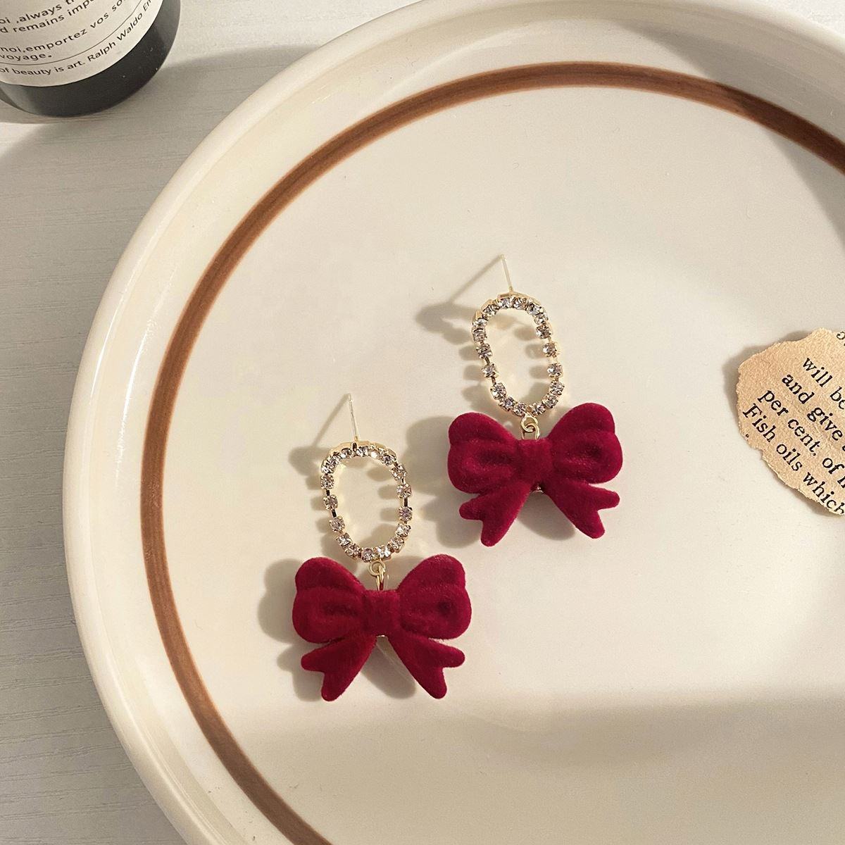 Korean Velvet Bow Pearl Earrings