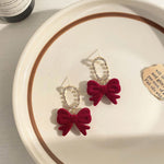 Korean Velvet Bow Pearl Earrings