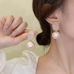 Pink Round Big Imitation Pearl Drop Earrings