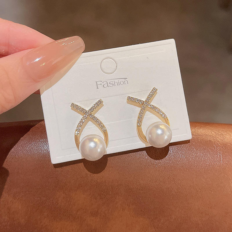 Trendy Cross Pearl Fashion Korean Earrings