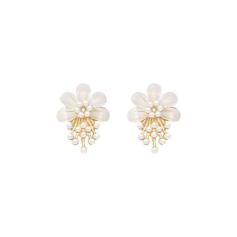 Korean White Pearl Flower Earrings