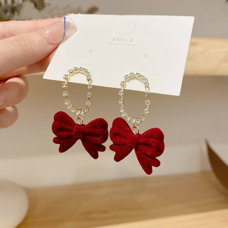 Korean Velvet Bow Pearl Earrings