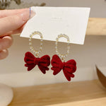 Korean Velvet Bow Pearl Earrings
