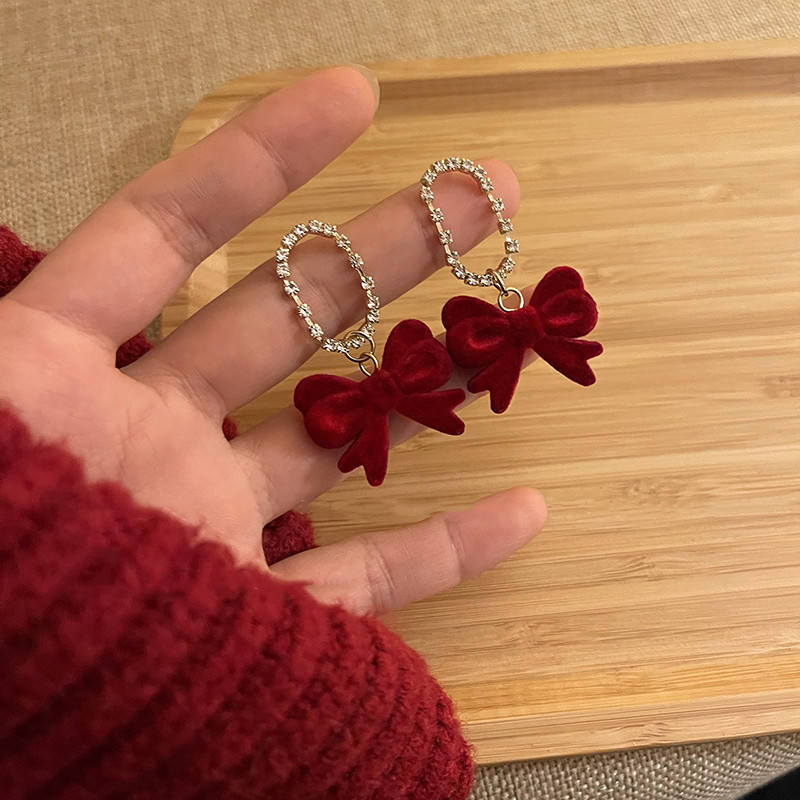 Korean Velvet Bow Pearl Earrings