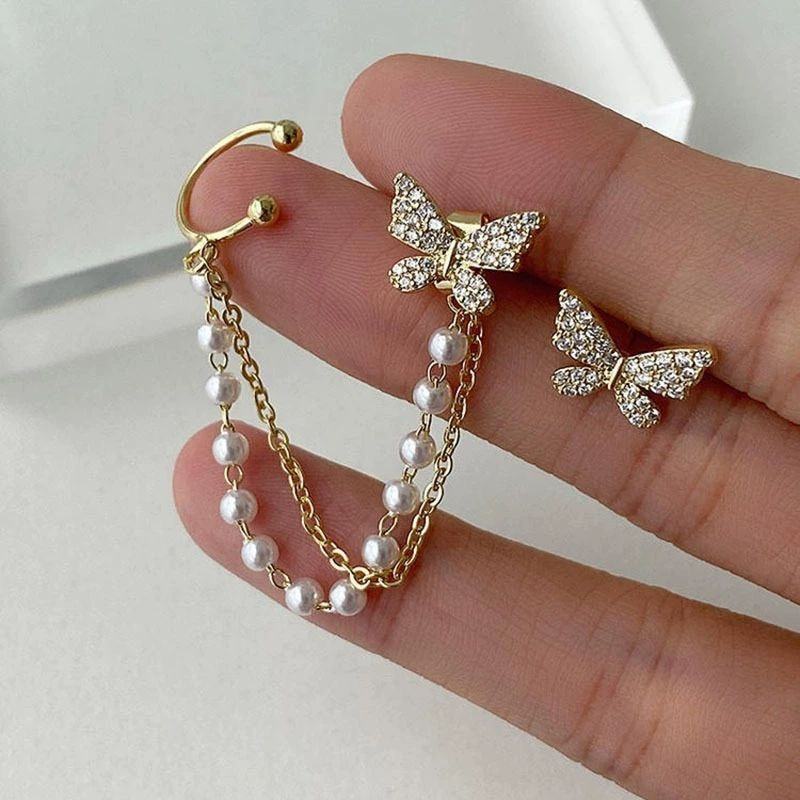 Pearl Rhinestone Butterfly Stud Earring