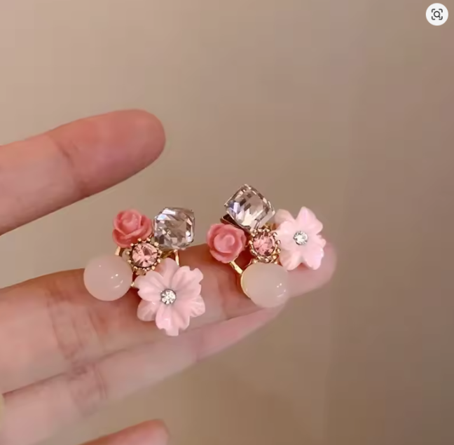 Korean Pink Flower Earrings