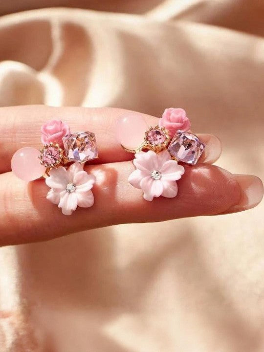 Korean Pink Flower Earrings