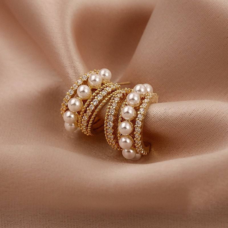 Celestique Elegant Triple Layered Pearl Studded Hoop Earring