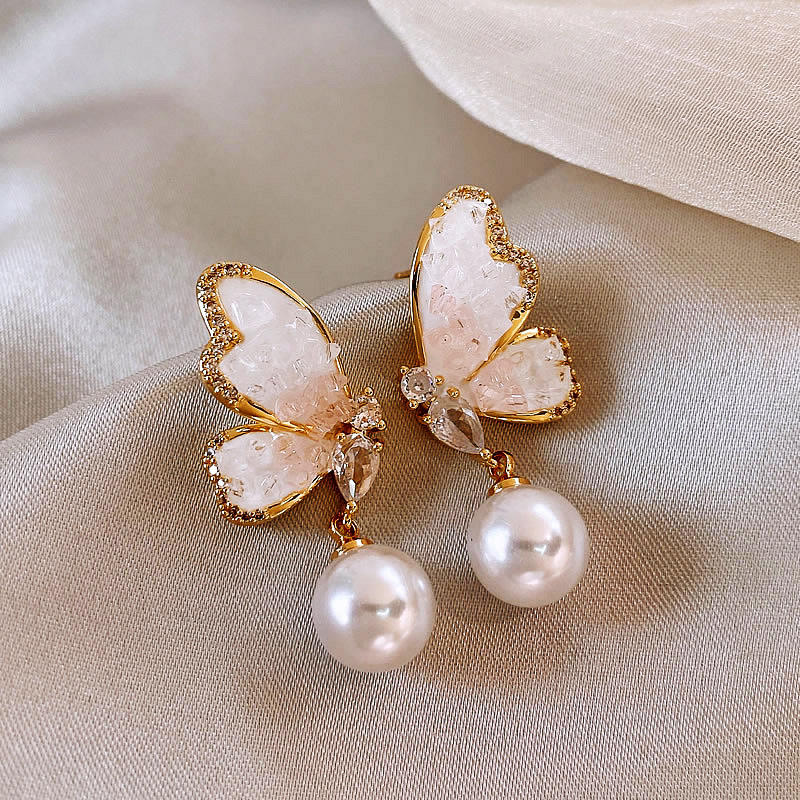 Korean Butterfly Pearl Drop Earrings