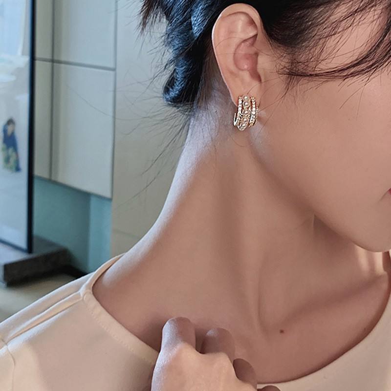 Celestique Elegant Triple Layered Pearl Studded Hoop Earring
