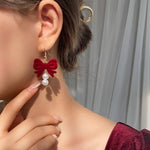 Korean Velvet Bow Pearl Earrings