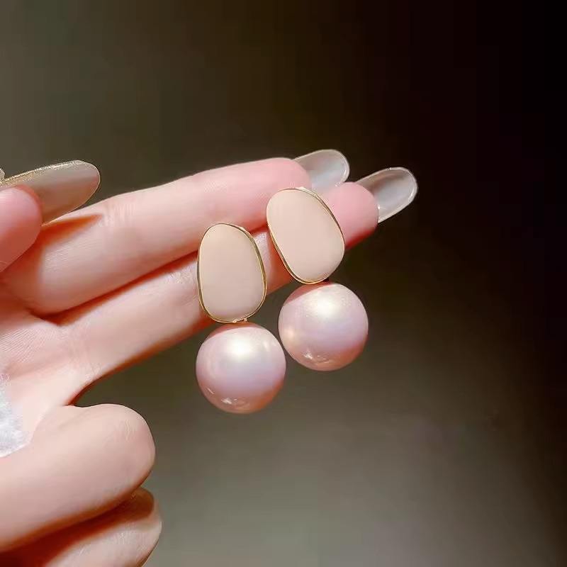 Pink Round Big Imitation Pearl Drop Earrings