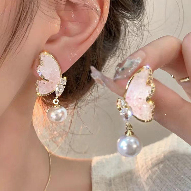 Korean Butterfly Pearl Drop Earrings