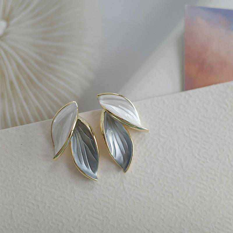 Korean Gray White Leaf Design Gold Steel Earrings