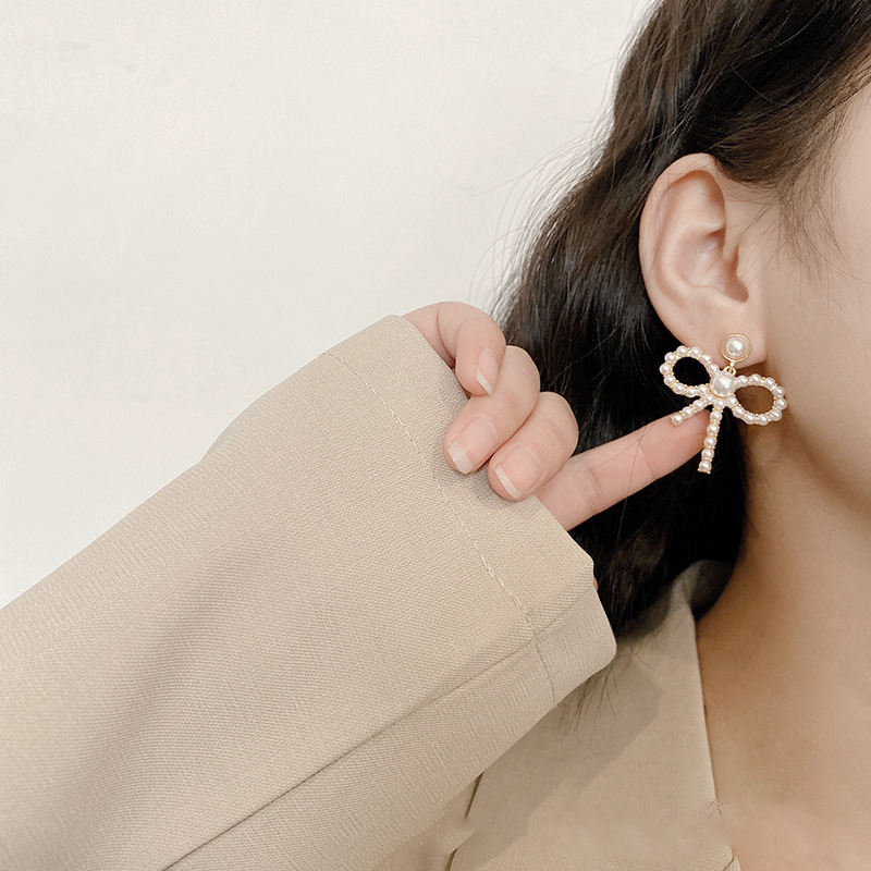 Korean Pearl Bow Earrings